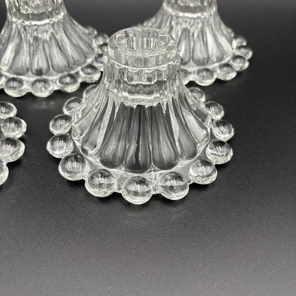 Anchor Hocking Berwick Boopie Clear Candlesticks Set Of  5 Beaded‎ Glass MCM
